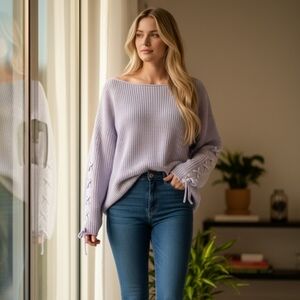 Ivanka Trump Laced Sleeve Sweater Gray sz S